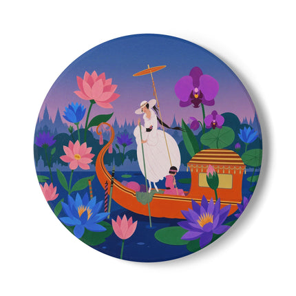 🪷🛶 The Lady Of The Lotus Lake Ceramic Coaster – Art Deco Garden Voyage