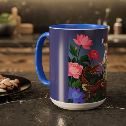 The Lady And The Garden Dragon Colorful Mugs – Art Deco Mythical Botanical Elegance