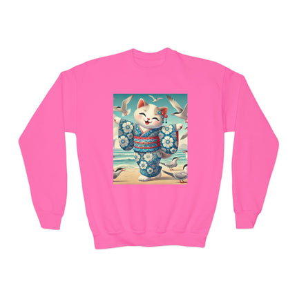 Geisha Kitten by the Seaside Youth Crewneck Sweatshirt – Coastal Charm, Joy & Whimsical Elegance