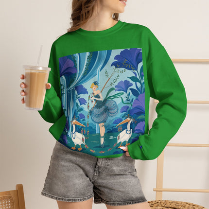 🪶🌺 The Pelican Garden Dance Crewneck Sweatshirt – Art Deco Botanical Whimsy