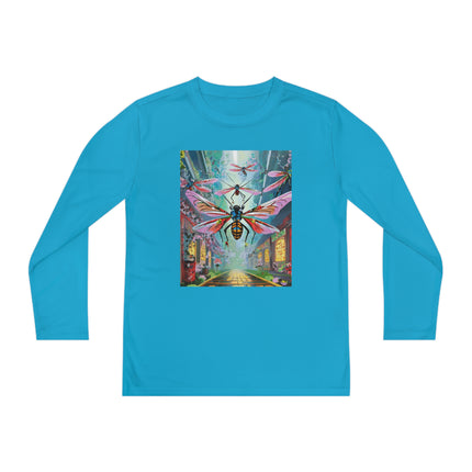 Neon Swarm Youth Long Sleeve Competitor Tee – Cyberpunk Flight & Futuristic Energy