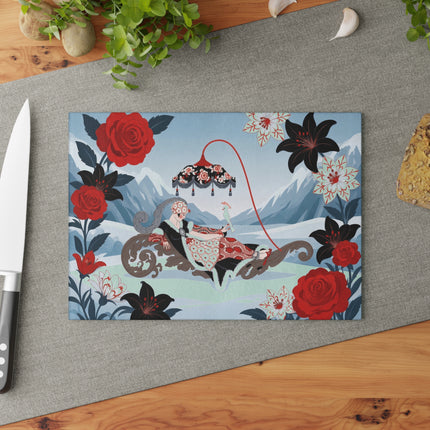 🌹❄️ The Lady Of The Winter Rose Sleigh Glass Cutting Board – Art Deco Alpine Elegance