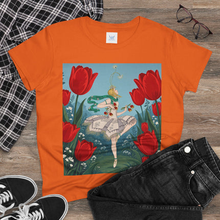 🌷🩰 The Scarlet Tulip Ballet Cotton Tee – Art Deco Floral Whimsy