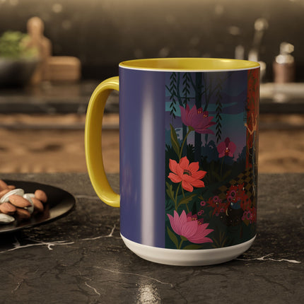 The Lady And The Midnight Birdcage Colorful Mugs – Art Deco Botanical Elegance