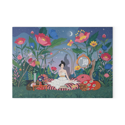 🌙🌺 The Moonlit Garden Reverie Glass Cutting Board – Art Deco Floral Fantasy