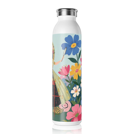 🌸🪞 The Lady Of The Flowered Parasol Slim Water Bottle – Art Deco Floral Whimsy