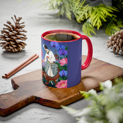 The Lady And The Garden Dragon Colorful Mugs – Art Deco Mythical Botanical Elegance