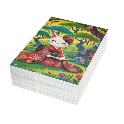 📖🌺 The Enchanted Garden Reader Kitten Greeting Card – Whimsical Japanese Garden