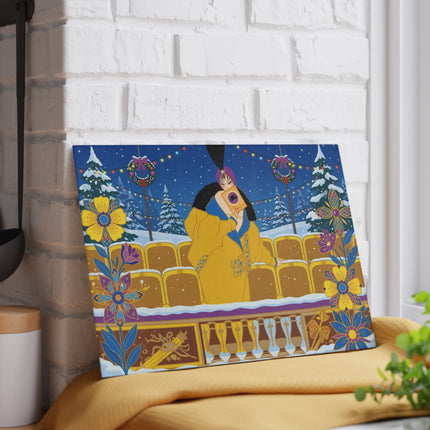 🎭❄️ The Lady Of The Snowbound Theatre Glass Cutting Board – Art Deco Holiday Elegance