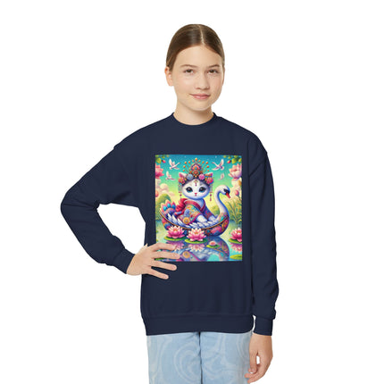 Geisha Kitten’s River Voyage Youth Crewneck Sweatshirt – Grace, Adventure & Storybook Charm
