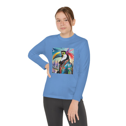 Cyber Toucan Chic Youth Long Sleeve Competitor Tee – Neon Feathers & Futuristic Style