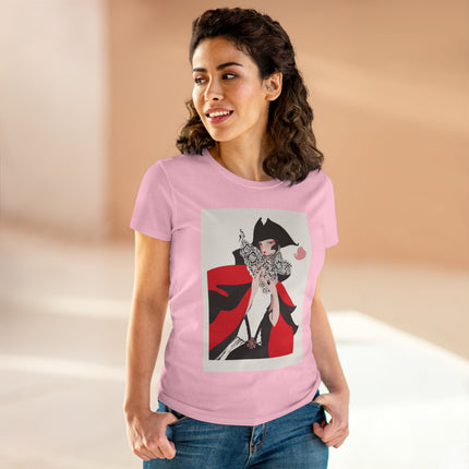 Crimson Masquerade Women's Midweight Cotton Tee – Dramatic Elegance & Art Deco Mystery