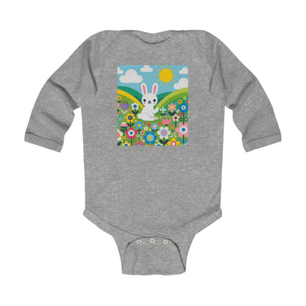 A Young Bunny’s Day Baby Long Sleeve Bodysuit – Whimsical Bunny Meadow Garden Design