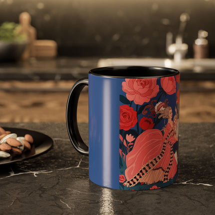 The Lady And The Scarlet Macaw Colorful Mugs – Art Deco Floral Elegance
