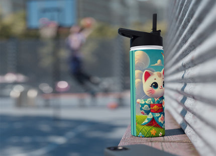 Geisha Kitten and the Dragon Kite Stainless Steel Water Bottle, Standard Lid