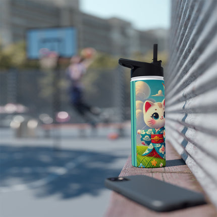 Geisha Kitten and the Dragon Kite Stainless Steel Water Bottle, Standard Lid