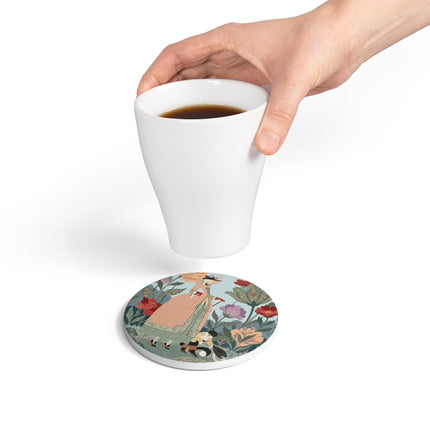 🌹🐩 The Garden Of Little Gentlemen Ceramic Coaster – Art Deco Floral Whimsy
