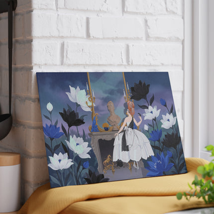 🖤💙 The Lady Of The Midnight Blue Salon Glass Cutting Board – Art Deco Floral Elegance