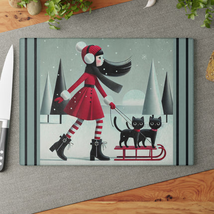 Red Sled & Curious Cats Glass Cutting Board
