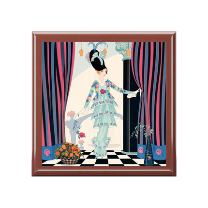 🌹🎭 The Lady Between The Curtains Jewelry Box – Art Deco Floral Theatre