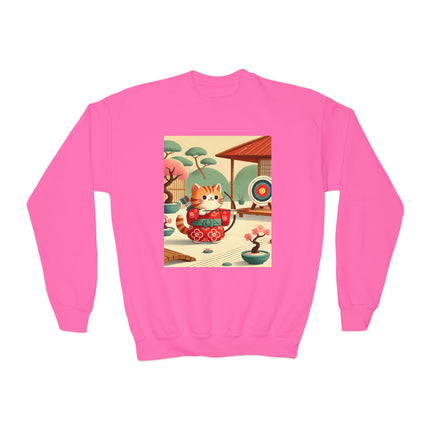 Archer Kitten in the Zen Garden Youth Crewneck Sweatshirt – Focus, Calm & Playful Precision