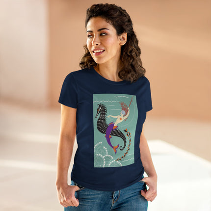 Mermaid on Seahorse Women's Midweight Cotton Tee – Dreamy Ocean Fantasy