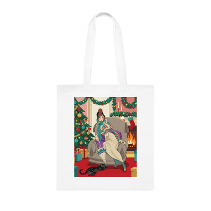 🔥🎄 The Lady Of The Christmas Hearth Cotton Tote Bag – Art Deco Holiday Warmth