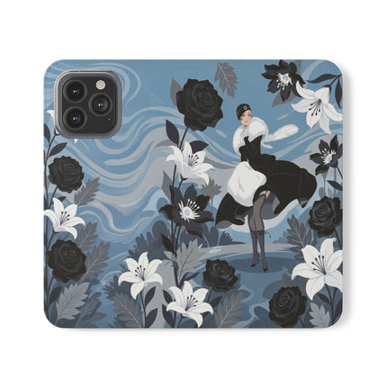 🖤🤍 The Lady Of The Black Rose Garden Flip Case – Art Deco Floral Elegance