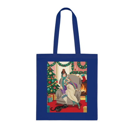 🔥🎄 The Lady Of The Christmas Hearth Cotton Tote Bag – Art Deco Holiday Warmth