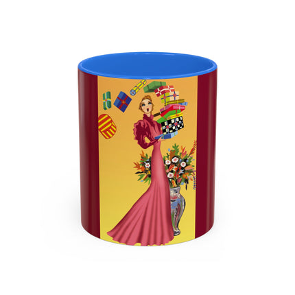Elegant Holiday Woman with Gifts Colorful Mugs (11oz, 15oz)