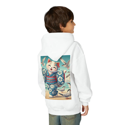 Geisha Kitten by the Seaside Youth Hooded Sweatshirt – Coastal Charm & Playful Style