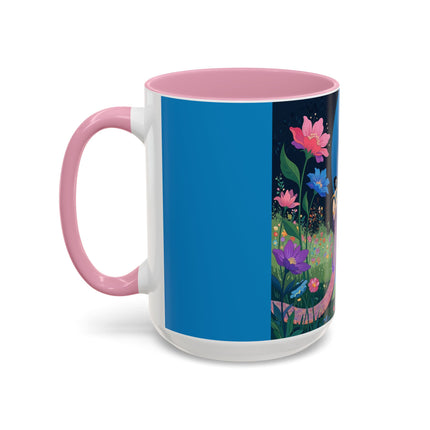The Lady And The Moonlit Peak Colorful Mugs – Art Deco Alpine Garden Elegance