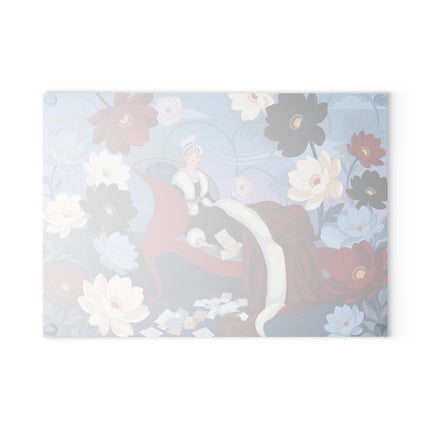 🌺💌 The Lady Of The Scarlet Chaise Glass Cutting Board – Art Deco Floral Fashion Elegance