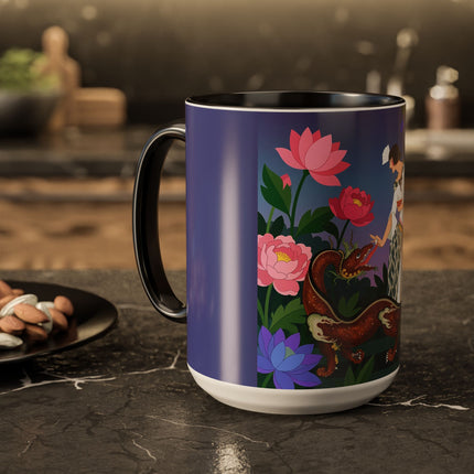 The Lady And The Garden Dragon Colorful Mugs – Art Deco Mythical Botanical Elegance