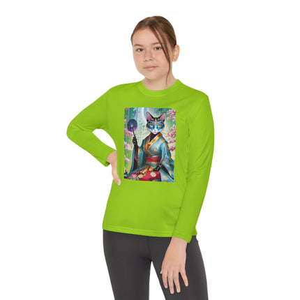 Cyberpunk Geisha Youth Long Sleeve Competitor Tee – Neon Elegance & Futuristic Fantasy