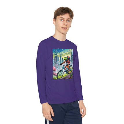 Cyberpunk Frog Youth Long Sleeve Competitor Tee – Neon Trails & Futuristic Adventure