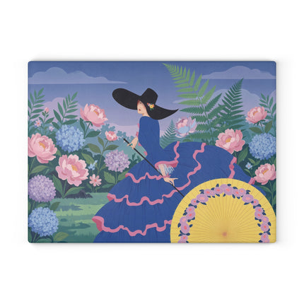 🌸🎩 The Lady Of The Hydrangea Promenade Glass Cutting Board – Art Deco Garden Elegance