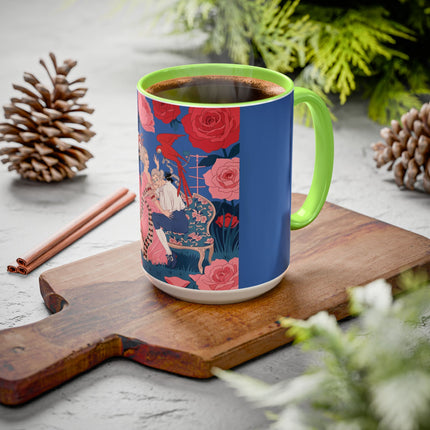 The Lady And The Scarlet Macaw Colorful Mugs – Art Deco Floral Elegance