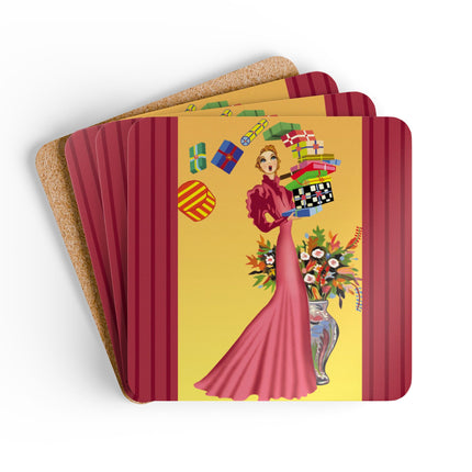 Elegant Holiday Woman with Gifts Corkwood Coaster Set