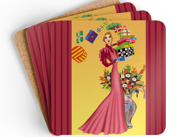 Elegant Holiday Woman with Gifts Corkwood Coaster Set