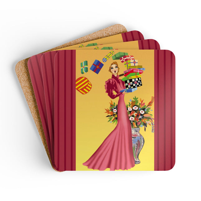 Elegant Holiday Woman with Gifts Corkwood Coaster Set