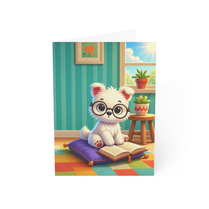 🐶📚 The Little Puppy Bookworm Greeting Card – Whimsical Reading Adventure