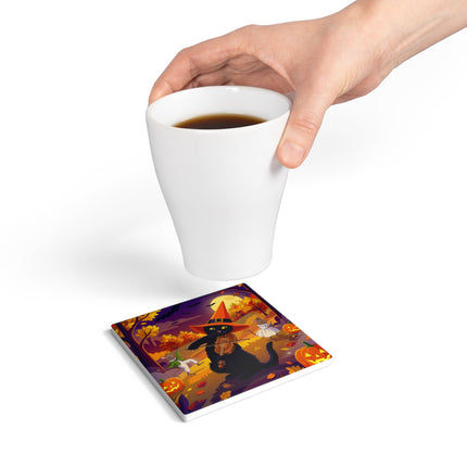 🐈‍⬛🎻 The Black Cat’s Moonlit Melody Ceramic Coaster – Whimsical Halloween Music
