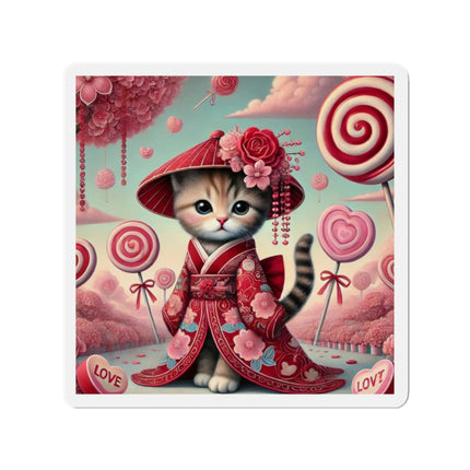 Whimsical Geisha Kitten in a Valentine Garden Die-Cut Magnets (5 Sizes)