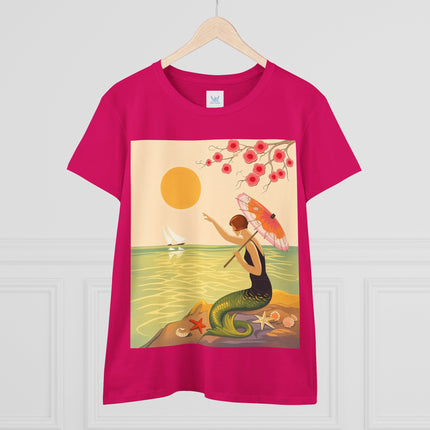 🧜‍♀️🌸 The Mermaid Beneath The Blossoms Cotton Tee – Art Deco Seaside Fantasy