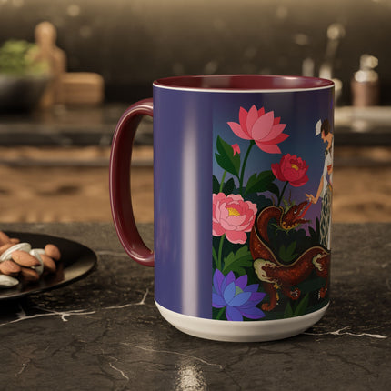 The Lady And The Garden Dragon Colorful Mugs – Art Deco Mythical Botanical Elegance