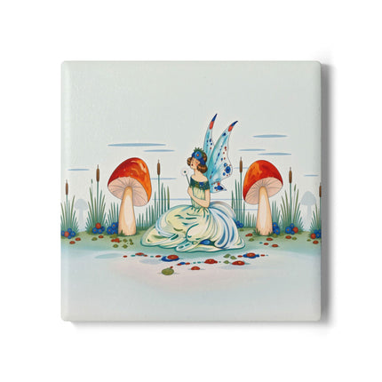 🧚🍄 The Fairy Of The Scarlet Mushrooms Ceramic Coaster – Art Deco Woodland Fantasy
