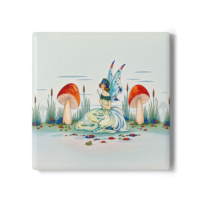 🧚🍄 The Fairy Of The Scarlet Mushrooms Ceramic Coaster – Art Deco Woodland Fantasy