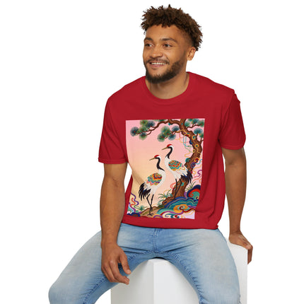 🐦🌸 The Enchanted Crane Garden Softstyle T-Shirt – Oriental Elegance & Colorful Harmony