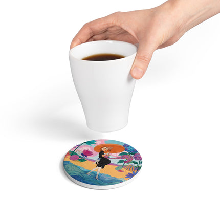 🌊☂️ The Lady Of The Flowered Seashore Ceramic Coaster – Art Deco Seaside Fashion